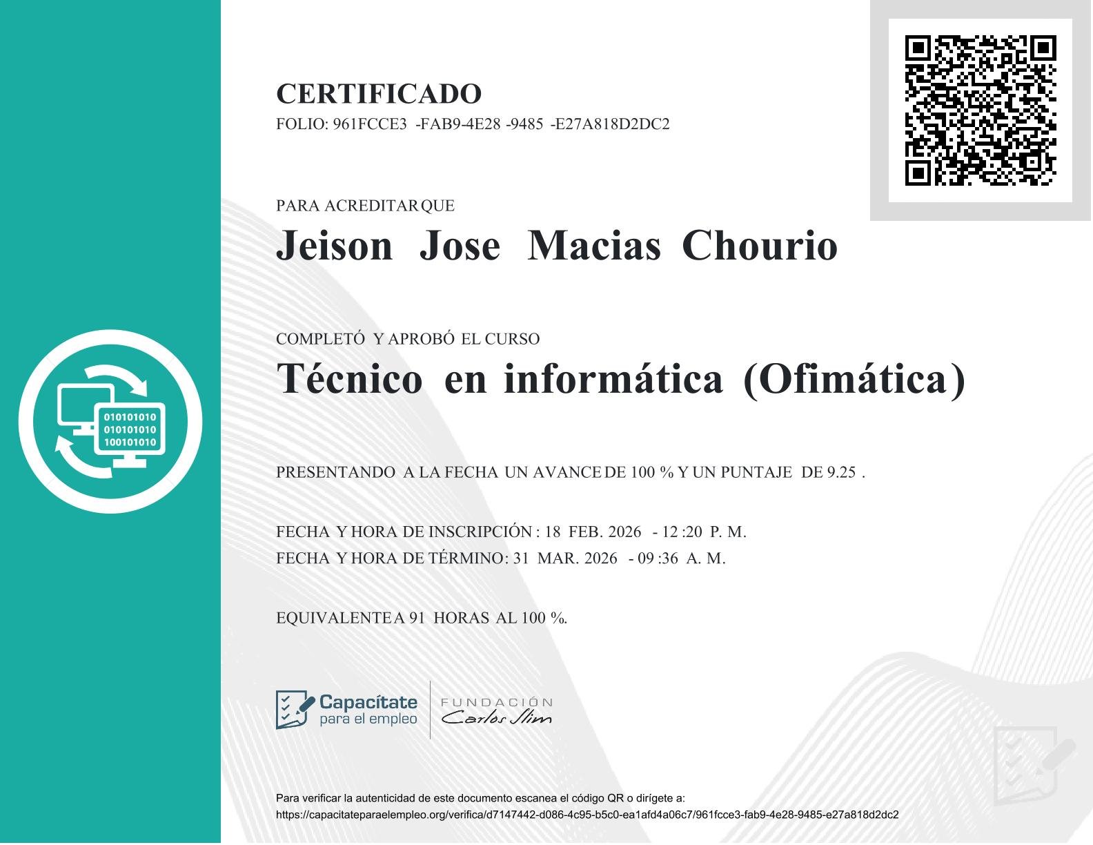 certificado técnico en informática, ofimática 1